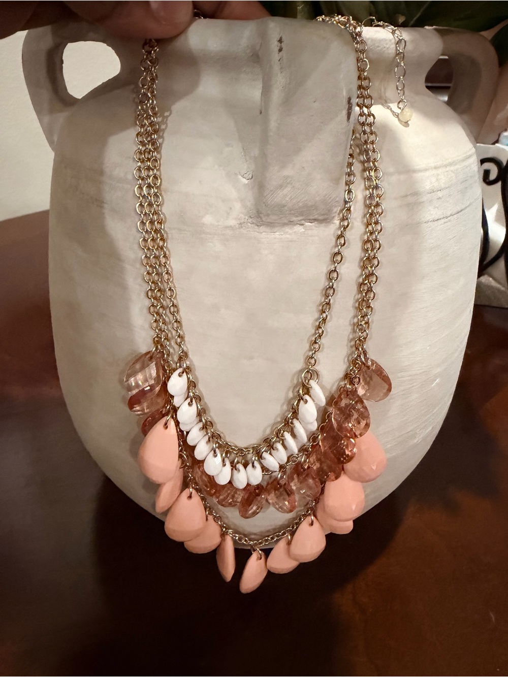 Gold tone Chain Coral and White Statement Necklace